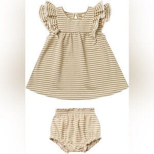 Quincy Mae Flutter Dress and gathered bloomer in Gold Stripe 3-6m
